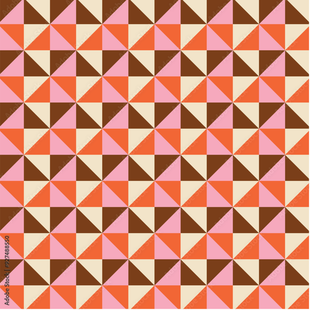 70's Retro Seamless Pattern. 60s and 70s Aesthetic Style. Geometric Triangle Pattern in pink, orange, beige and brown colors.