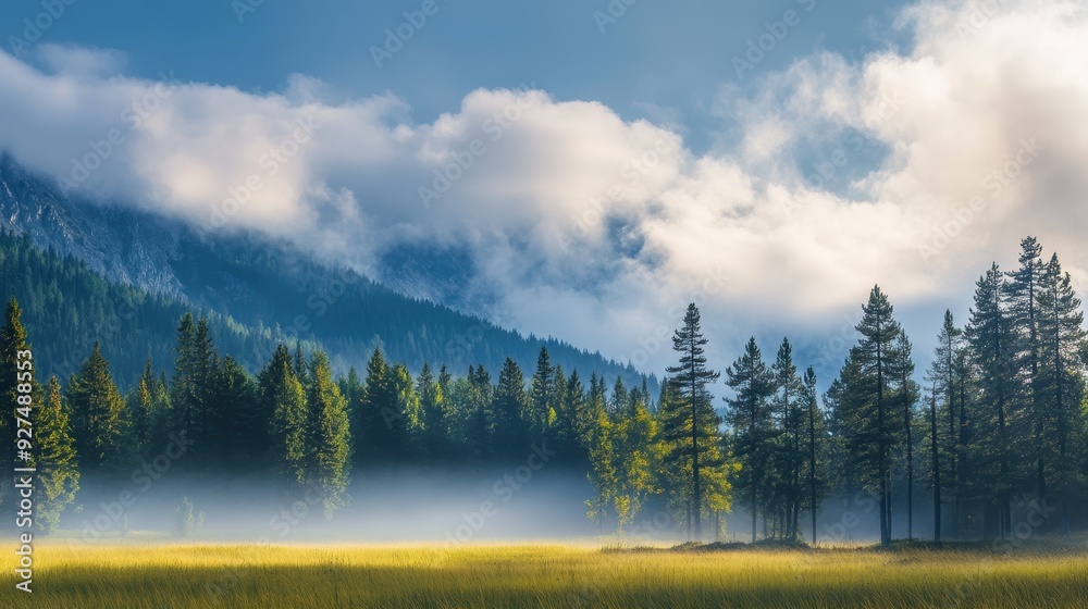 Fototapeta premium Serene Morning Tranquility: Misty Low Clouds Embracing Forest Canopy in the Dawn Light