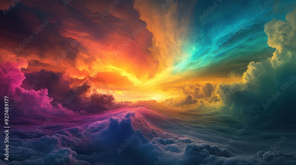 Fototapeta premium Vibrant Sunrise: Glorious Light Beams Breaking Through Dramatic Clouds