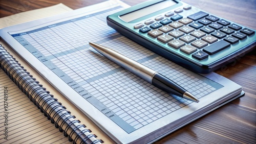 Calculator and pen lying on a desk next to a paycheck stub and a notebook with financial calculations, highlighting payroll accounting and management tasks.