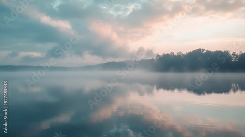 Serene Morning: Foggy Sky and Clouds Reflecting on tranquil Lake