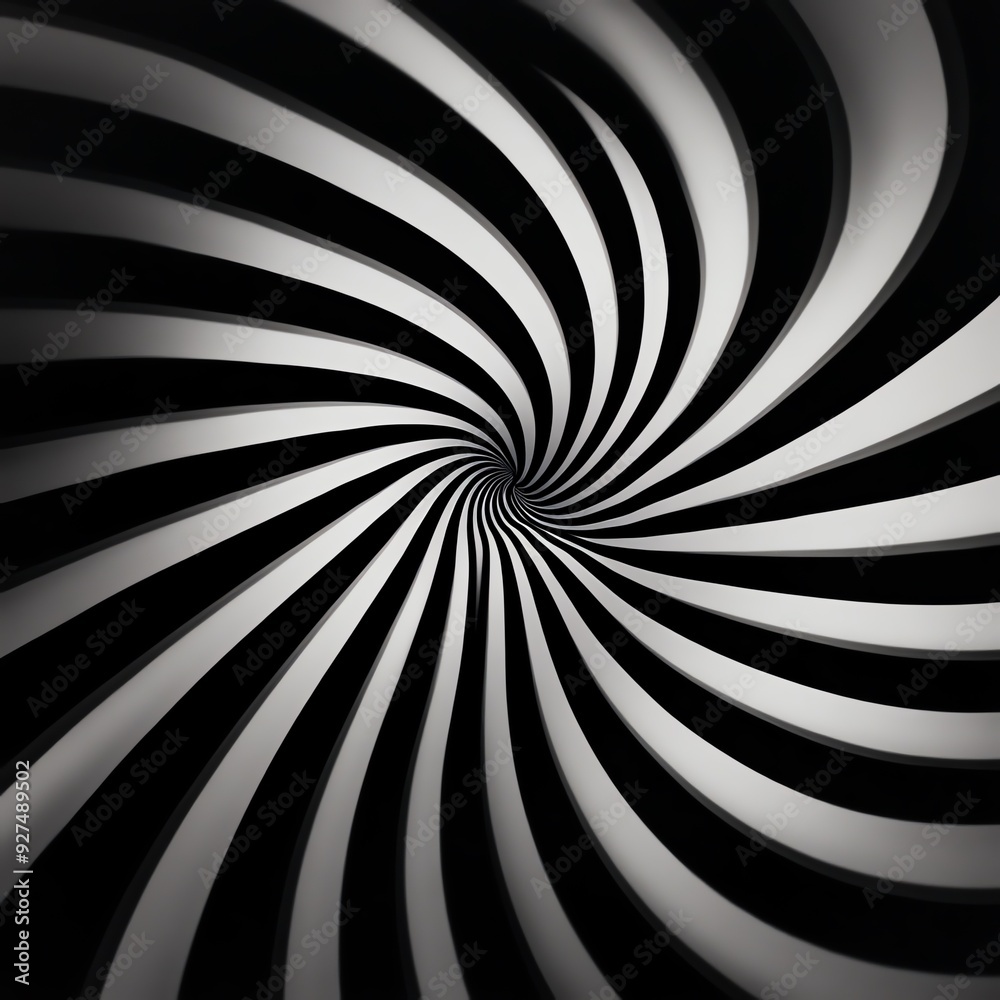 This abstract design features a dynamic swirl of black and white stripes, creating an optical illusion effect.