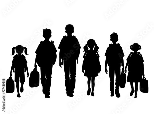 Abstract silhouette illustration for a group of school students carrying their bags and returning to school Vector silhouette of children on a white background. Symbol of school and education.