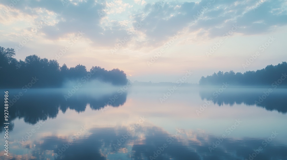 Fototapeta premium Serene Morning Bliss: Misty Sky and Soft Clouds Over peaceful Landscape