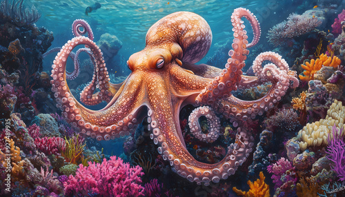 Fototapeta Naklejka Na Ścianę i Meble -  A huge squid sitting in a colorful coral reef