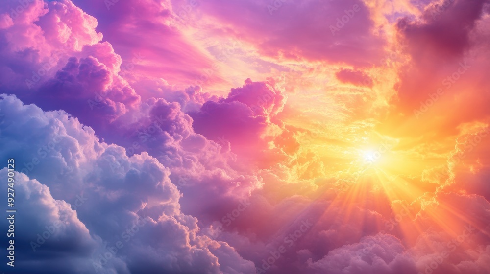 Fototapeta premium Serene Morning Glow - Vibrant Sunrise with Sunlight Peeking Through Dramatic Clouds