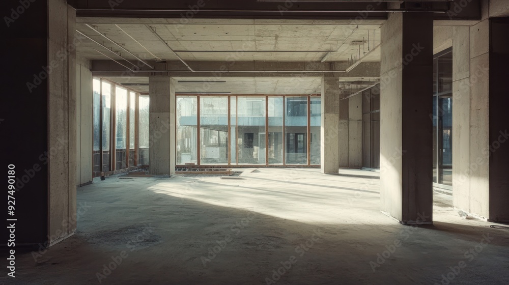 Spacious, unfinished interior of a building with exposed concrete columns, large windows, and sunlight streaming through, suggesting ongoing construction or renovation.