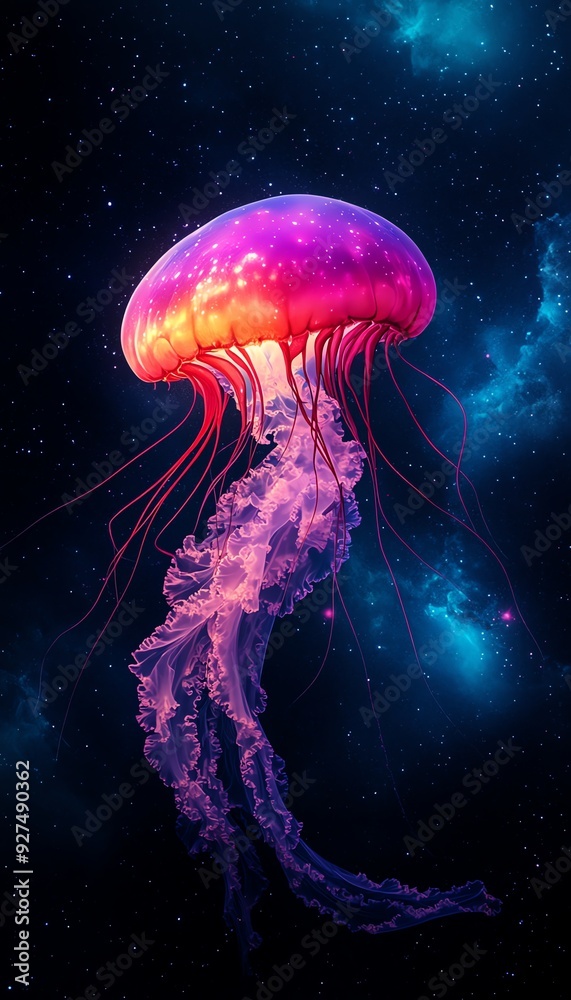 Naklejka premium Vibrant jellyfish illuminating the cosmic depths, showcasing mesmerizing colors and ethereal beauty in a striking space scene.