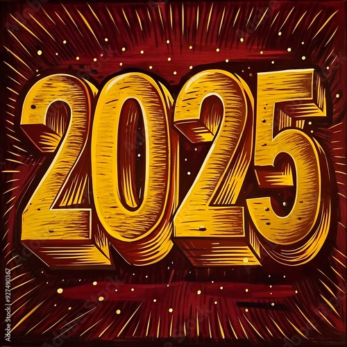 Happy new year number 2025 design Retro Pop or Risograp style Generative AI. photo