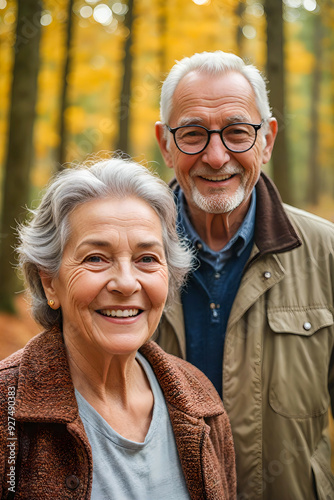 Portrait of a senior couple with a happy expression, who are in a path of a forest in autumn with orange and yellow colored tree leaves. photo