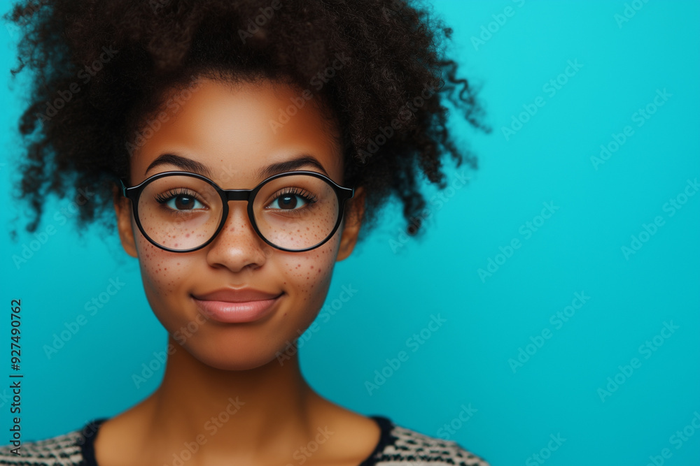Cute nerd teen African American girl with round lens glasses and blue background. 
