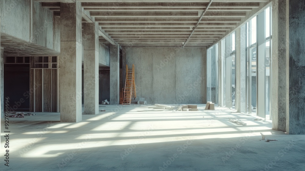 An unfinished interior of a building with bare concrete walls, large windows providing natural light, and construction materials like a ladder on the floor. An unfinished interior of a building with bare concrete walls, large windows providing natural light, and construction materials like a ladder on the floor.