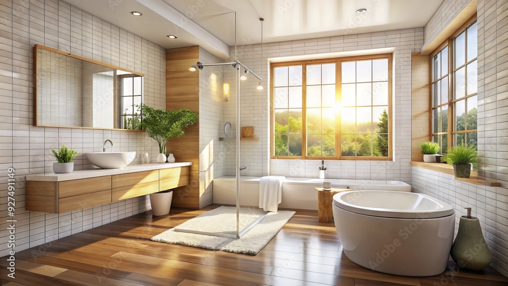 Clean and modern bathroom interior with a toilet, sink, shower, and bathtub, surrounded by white tiles and a large window with natural light. Clean and modern bathroom interior with a toilet, sink, shower, and bathtub, surrounded by white tiles and a large window with natural light.
