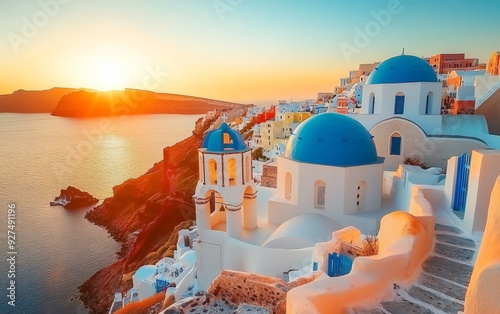  Sunset view of Santorini with white buildings and blue domes. 