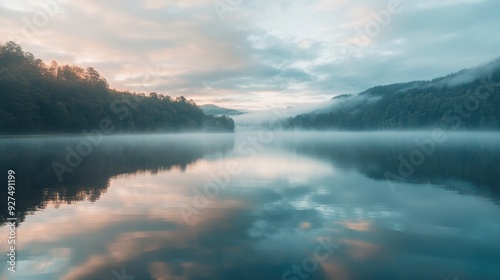 Serene Morning Mist: Foggy Sky and Clouds Over Tranquil Lake