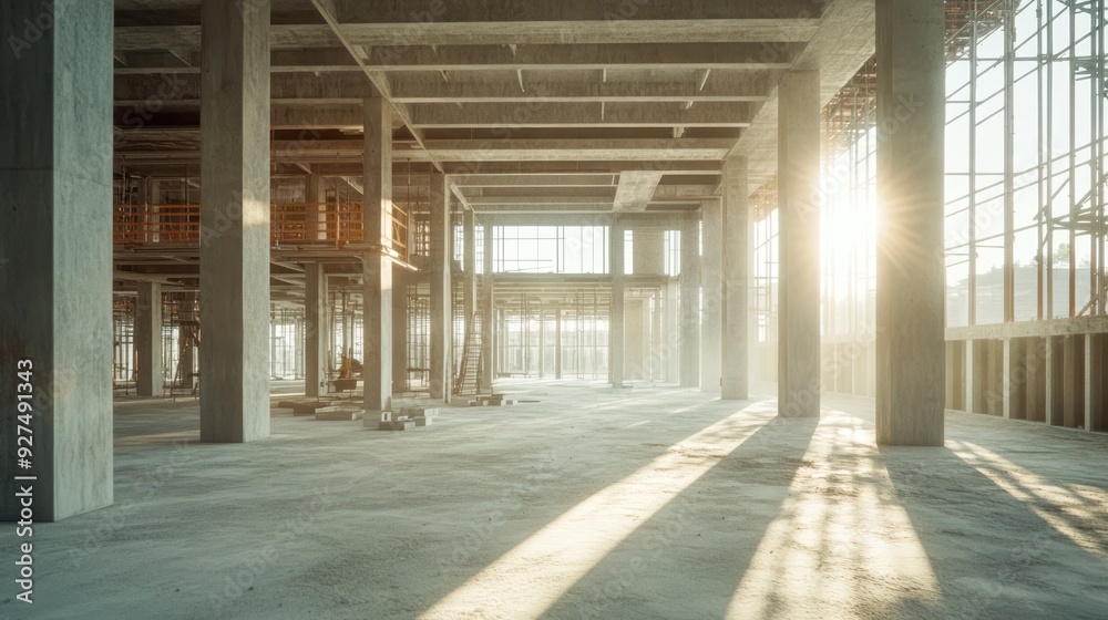 A spacious, under-construction interior with exposed concrete pillars, beams, and sunlight streaming through large windows, highlighting the potential of a modern architectural space. A spacious, under-construction interior with exposed concrete pillars, beams, and sunlight streaming through large windows, highlighting the potential of a modern architectural space.