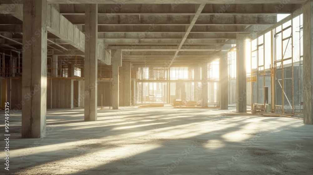 The image shows the interior of a building under construction with sunlight casting shadows across the concrete floors and unfinished walls. The image shows the interior of a building under construction with sunlight casting shadows across the concrete floors and unfinished walls.