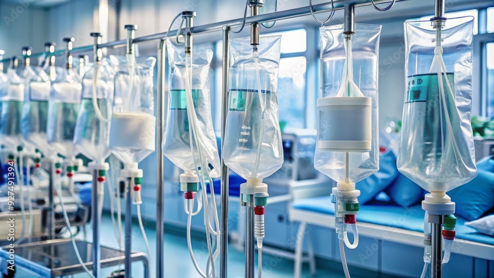 Clear plastic intravenous fluid bags hang from metal poles, filled with ...