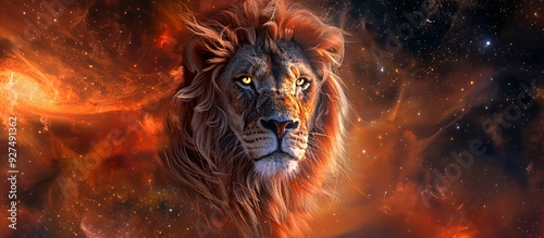 A majestic lion with golden eyes against a fiery, star-filled sky.