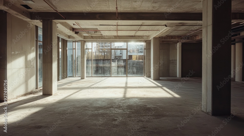 An empty, unfinished commercial space with bare concrete floors, exposed columns, and natural light coming through large windows overlooking other buildings. An empty, unfinished commercial space with bare concrete floors, exposed columns, and natural light coming through large windows overlooking other buildings.