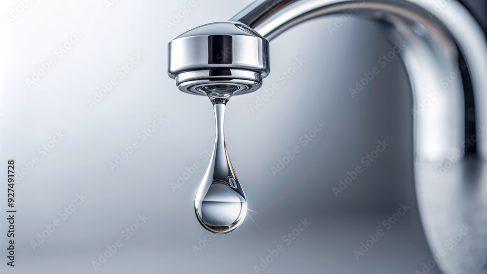 Closer view of a single transparent water droplet slowly dripping from a polished metal faucet, suspended in mid-air, against a blurred white background. Closer view of a single transparent water droplet slowly dripping from a polished metal faucet, suspended in mid-air, against a blurred white background.