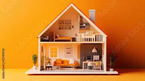 Wallpaper Mural A miniature dollhouse with tiny details on an orange background, inviting and cozy. Torontodigital.ca