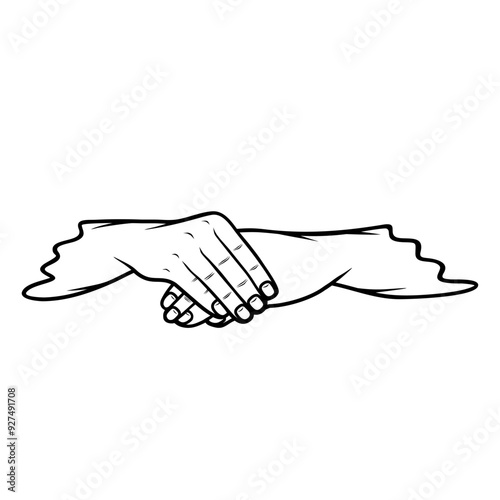 right hand over left hand front view in black and white vector line art