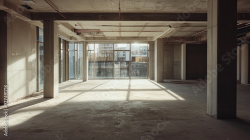An empty, unfinished commercial space with bare concrete floors, exposed columns, and natural light coming through large windows overlooking other buildings.