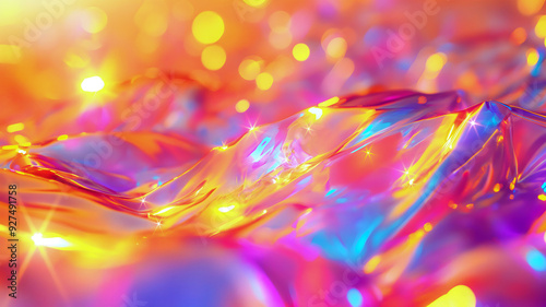 Rainbow abstract prismatic light background with bright holographic colorful tones, creating a stunning visual effect, digital art, fashion design, shiny glossy texture. Background, advertising.