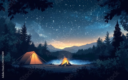  Camping scene with a tent campfire and starry sky.