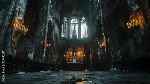 Dramatic Gothic Cathedral Interior with Somber Reverence and Mortality Concept