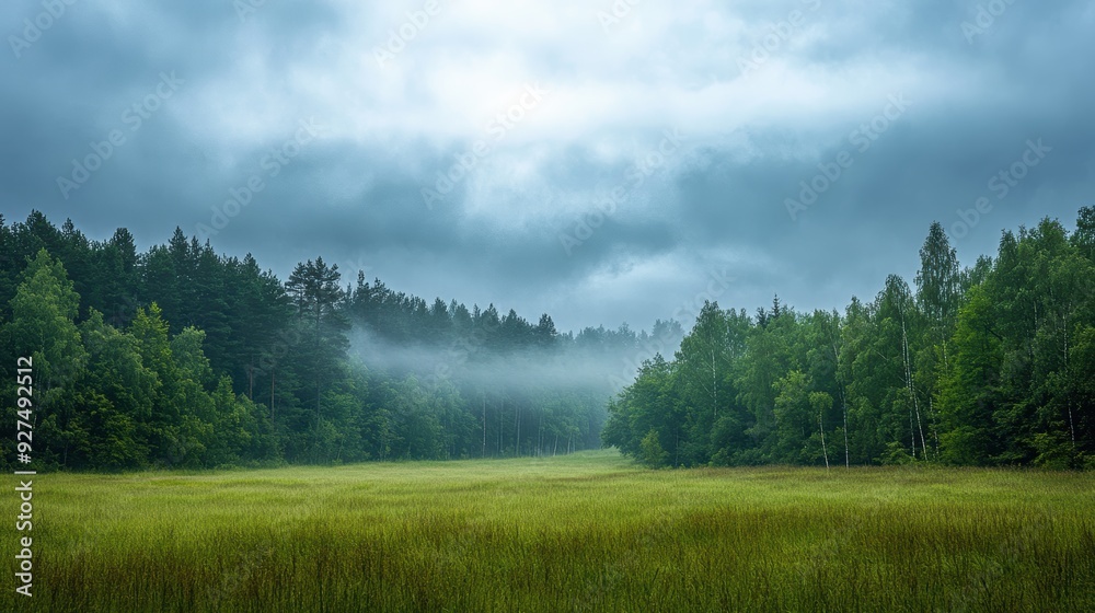 Fototapeta premium Serene Morning Mist Blanketing Lush Forest Canopy - Nature's Peaceful Embrace