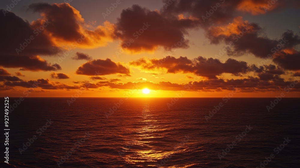 Fototapeta premium Majestic Orange Sunset: Dramatic Sky Over Ocean Waves