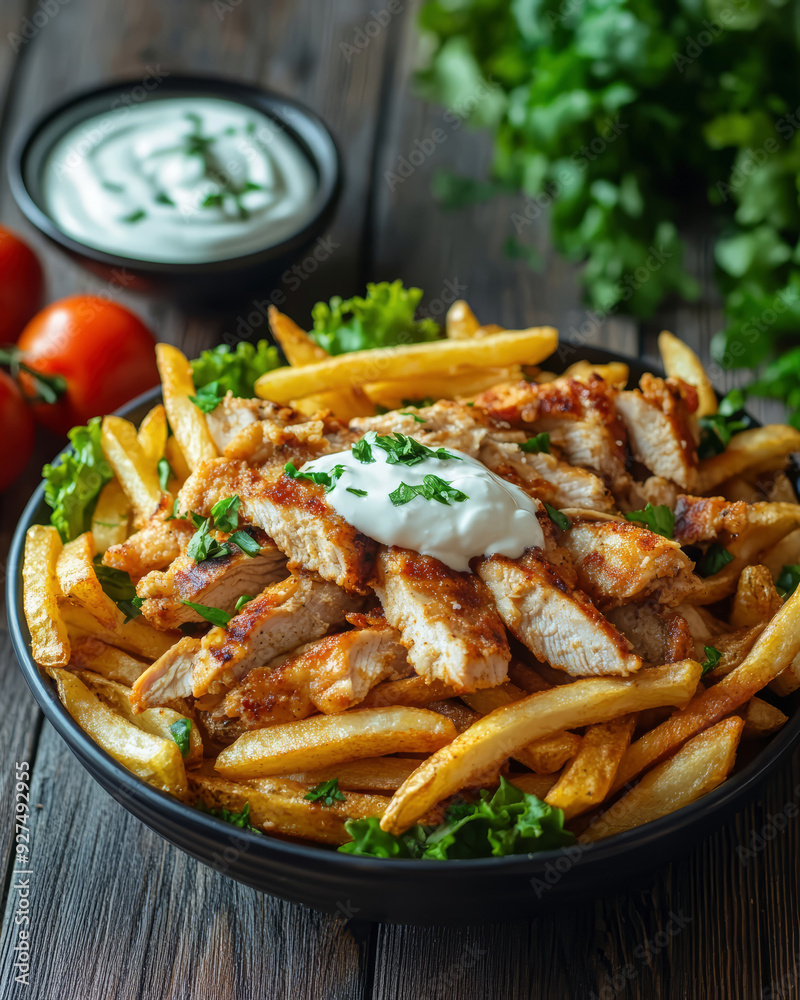 Arabic chicken Shawarma Plate with fries served in dish isolated on table side view of middle east food Arabic chicken Shawarma Plate with fries served in dish isolated on table side view of middle east food