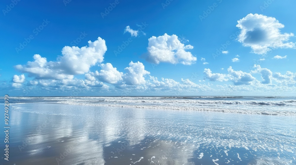 Obraz premium Serene Beach Landscape with Clear Sky and Scattered Clouds