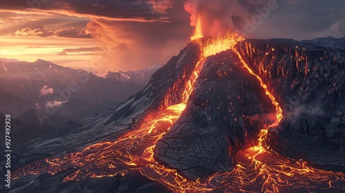 An aerial view of a volcano erupting with lava flowing down the mountainside at sunset.