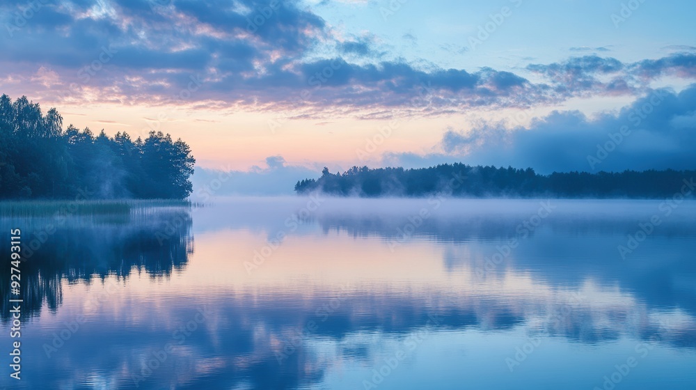 Fototapeta premium Serene Morning by the Foggy Lake