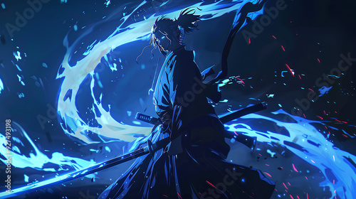 samurai anime character with blue background