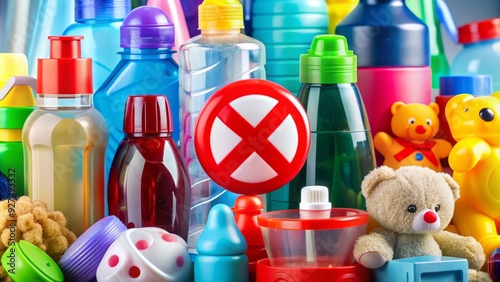Close-up of a variety of plastic bottles, toys, and personal care products with a red 