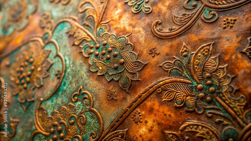 Close-up of a worn, oxidized copper surface with intricate patterns, revealing a subtle blend of warm, earthy tones and soft, velvety textures. Close-up of a worn, oxidized copper surface with intricate patterns, revealing a subtle blend of warm, earthy tones and soft, velvety textures.