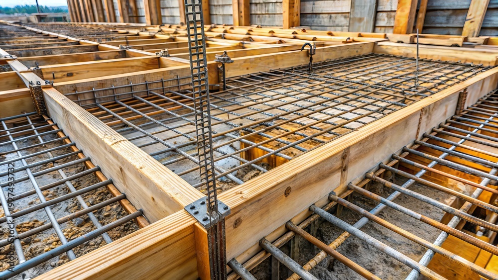 Close-up of concrete foundation being poured, with steel reinforcement bars and wooden framework visible, showcasing the intricate details of construction process. Close-up of concrete foundation being poured, with steel reinforcement bars and wooden framework visible, showcasing the intricate details of construction process.