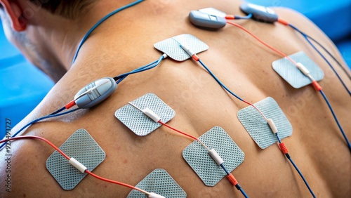 CLOSE-UP OF ELECTRODES ATTACHED TO HUMAN SKIN, DELIVERING ELECTRICAL IMPULSES TO STIMULATE NERVE ENDINGS, RELIEVING PAIN AND PROMOTING HEALING IN PHYSIOTHERAPY SESSION.