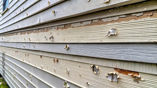 Close-up of hail-damaged siding on a residential exterior, showcasing pockmarked and cracked vinyl panels with scattered dents and scratches from severe weather impact. photo