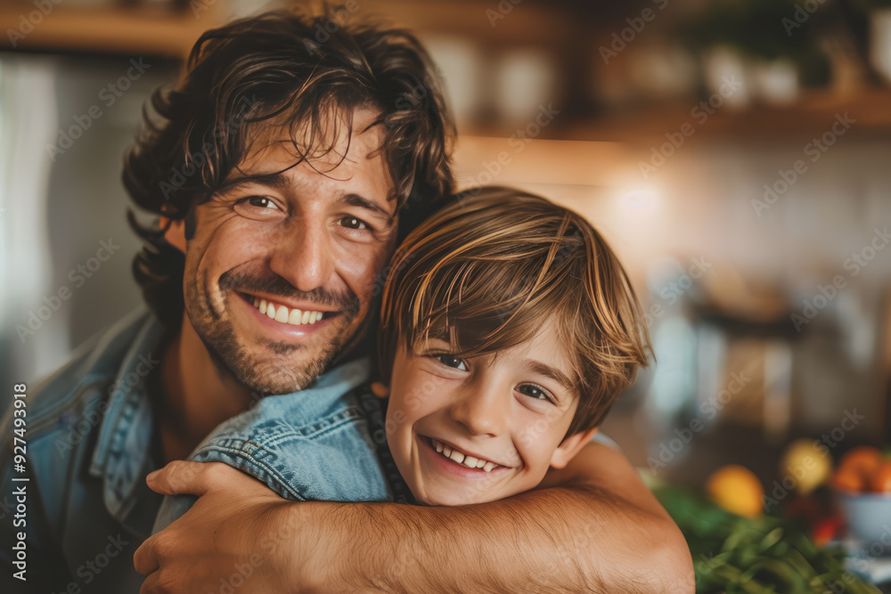 Cheerful father and grown son happily hugging and greeting each other in the kitchen. Cheerful father and grown son happily hugging and greeting each other in the kitchen.