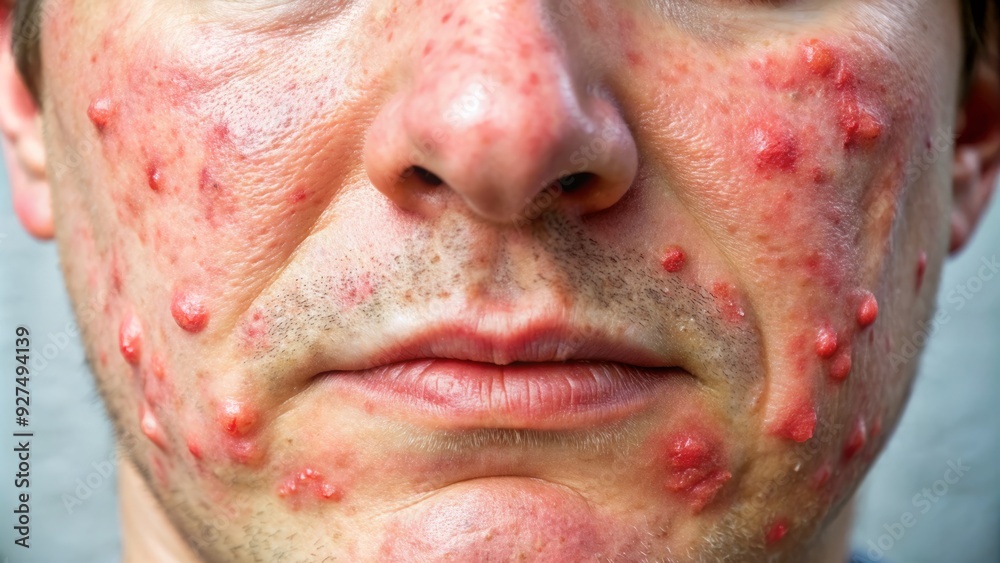 Obraz premium Close-up of severely irritated, red, and swollen skin with visible rash, bumps, and pus-filled acne, illustrating intense inflammation and skin irritation.