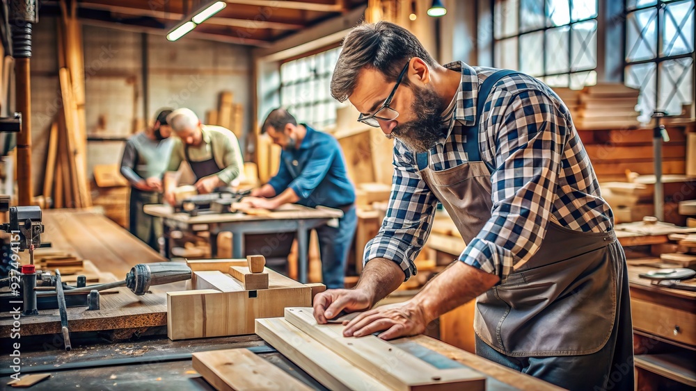 Close-up of skilled craftsman's hands precision-cutting wooden planks on a workbench cluttered with tools and woodworking machinery in a busy industrial workshop atmosphere. Close-up of skilled craftsman's hands precision-cutting wooden planks on a workbench cluttered with tools and woodworking machinery in a busy industrial workshop atmosphere.