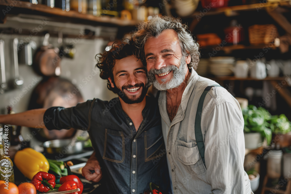 Cheerful father and grown son happily hugging and greeting each other in the kitchen. Cheerful father and grown son happily hugging and greeting each other in the kitchen.