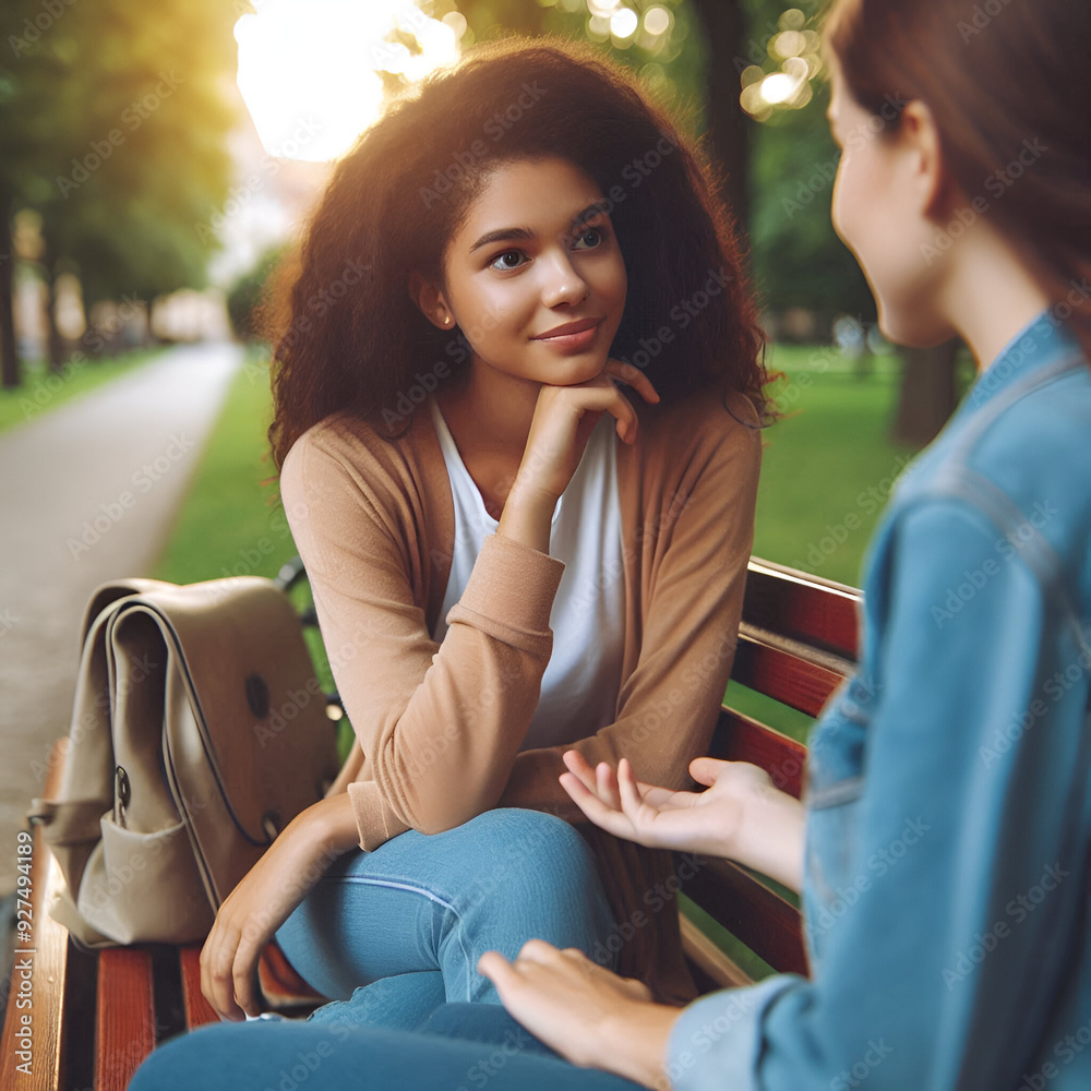 Thoughtful Conversation between Friends on a Park Bench Thoughtful Conversation between Friends on a Park Bench