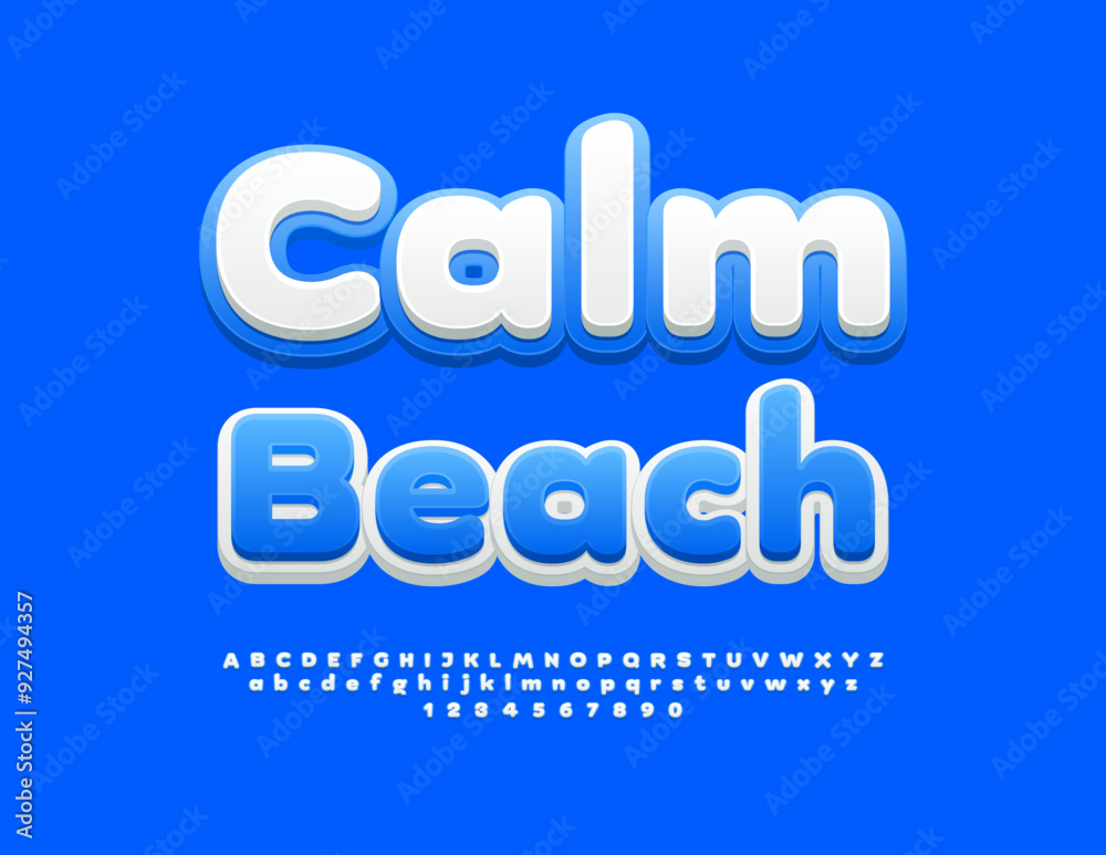Vector travel advertisement Calm Beach. White and Blue Bright Font. Cute Alphabet Letters and Numbers set. Vector travel advertisement Calm Beach. White and Blue Bright Font. Cute Alphabet Letters and Numbers set.
