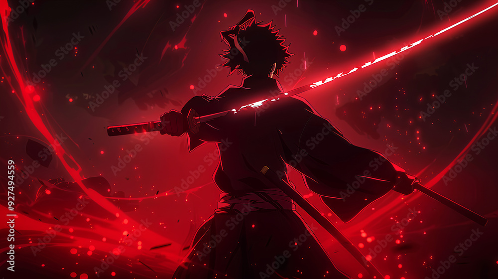 Fototapeta premium samurai anime character with red background